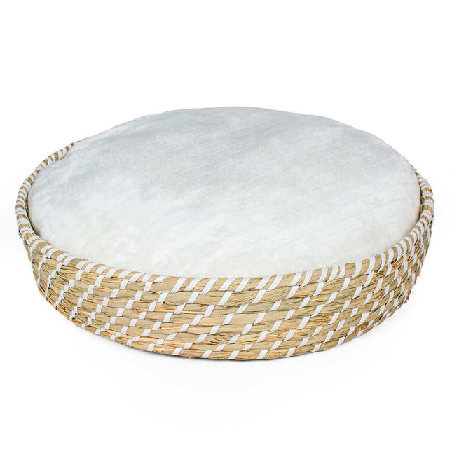 AnimalstoreXL Duvoplus - Boho Rieten Mand Rond en Kussen - S 40x40x10cm Beige/Wit