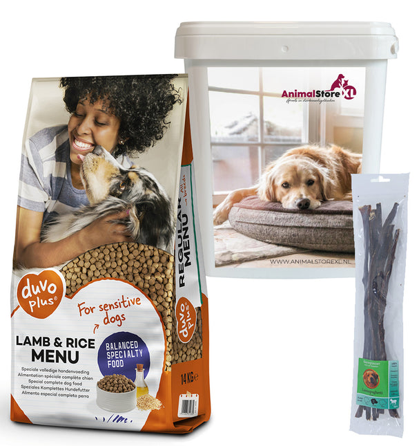 Hond Lam & Rijst Voer + Snack + GRATIS voeremmer